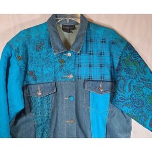 Vintage Carole Little‎ Sport Denim Jacket Jean w/Turquoise Patches  1990s Size 6